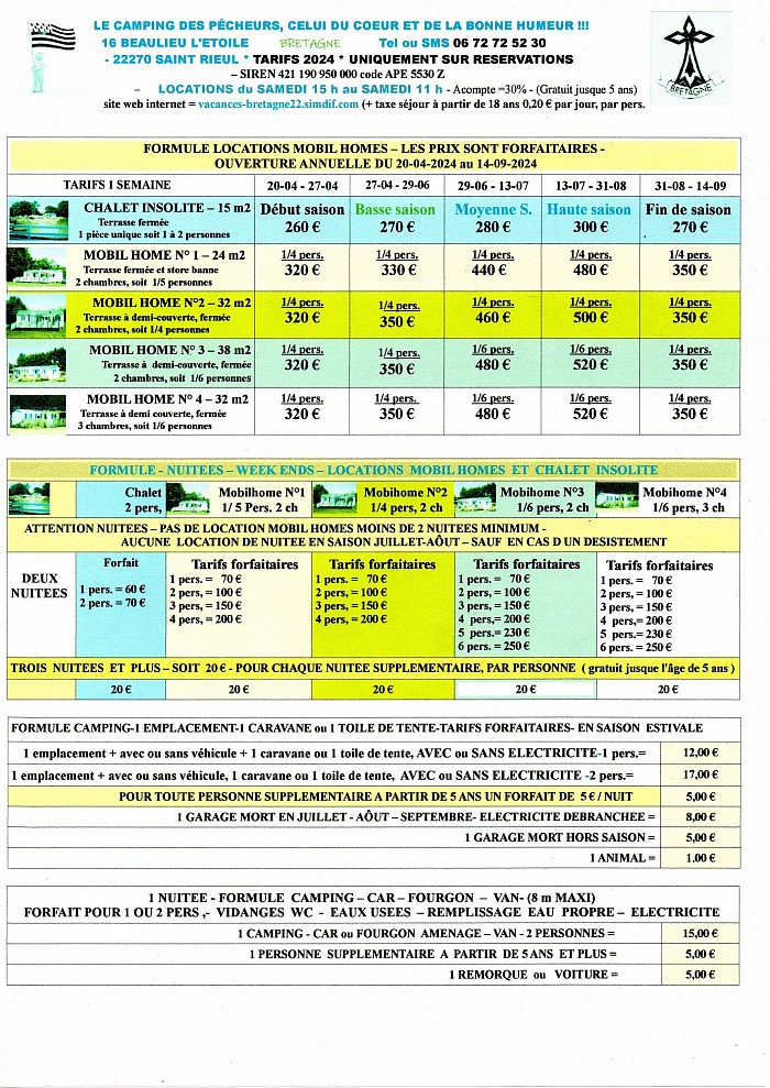 TARIFS Camping aux alentours de jugon les lacs