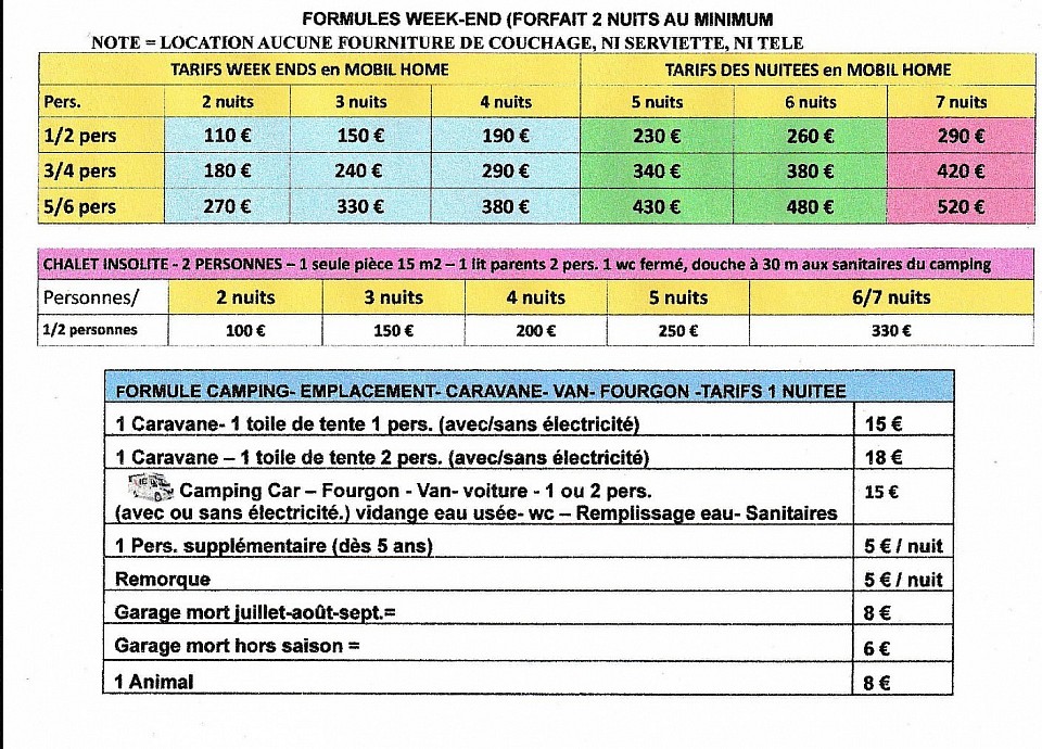 Tarifs week ends, nuitées, pâques,ascension,pentecôte,autres...