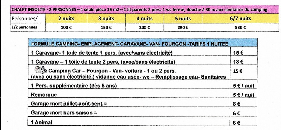 Tarifs du petit chalet des amoureux