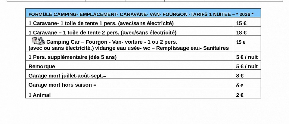 TARIFS CAMPING CARS