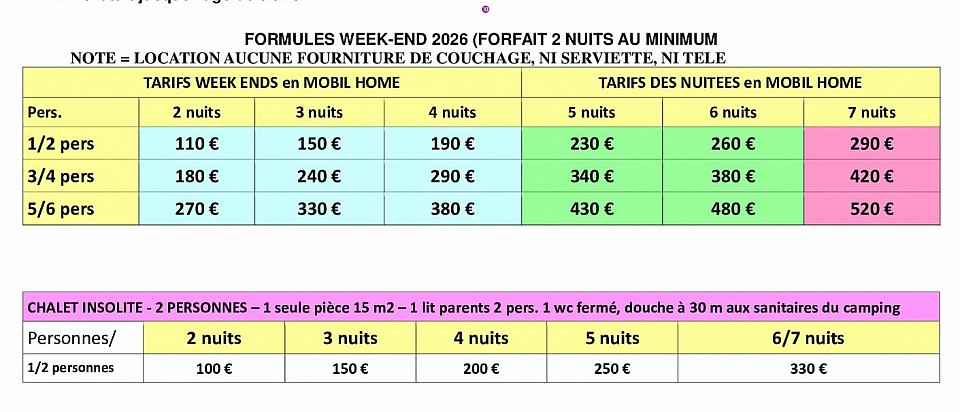 Tarifs du petit chalet des amoureux