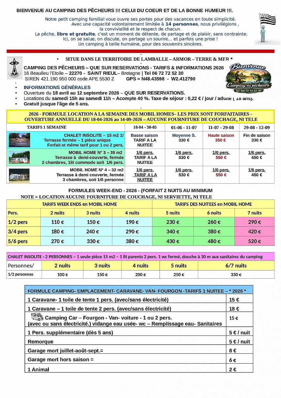 TARIFS Camping aux alentours de jugon les lacs